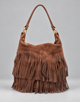 Borsa a secchiello vera pelle con frange — Camel, vista frontale
