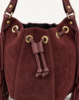 Borsa secchiello in vera pelle scamosciata bordeaux con frange - dettaglio coulisse e occhielli