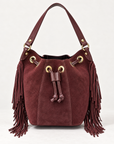 Borsa secchiello in vera pelle scamosciata bordeaux con frange - vista frontale