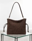 Borsa tote in vera pelle scamosciata marrone vista frontale