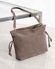 Borsa tote in vera pelle scamosciata taupe vista tre quarti