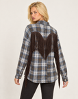 Camicia donna a quadri azzurro con frange, Polly 7 - vista posteriore con frange