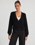 Cardigan donna corto in maglia con bottoni Nero indossato da Polly 6 - vista frontale
