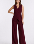Completo donna elegante con gilet incrociato e pantalone palazzo bordeaux