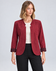 Giacca donna aperta effetto suede bordeaux indossata da Polly 5, vista frontale