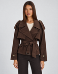 Giacca donna corta effetto scamosciato Marrone con cintura, Polly 4, vista frontale