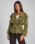 Giacca donna corta effetto scamosciato Verde con cintura, Polly 4, vista tre quarti
