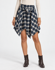 Gonna tartan asimmetrica Blu con nodo in vita, Polly 4 – primo piano della gonna