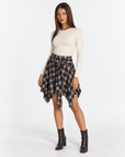 Gonna tartan asimmetrica Marrone con nodo in vita, Polly 4 – vista tre quarti
