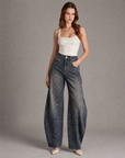Jeans donna barrel animalier T8065 look a corpo intero