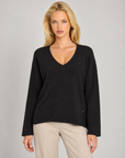 Maglia donna scollo a V nero indossata da Polly 7 — dettaglio scollo e trama