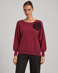 Maglia donna bordeaux con fiore applicato e scollo rotondo, Polly 6, foto 1