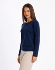 Maglia donna in cotone e lana con Polly 4 - Blu vista tre quarti