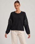 Maglia donna nero girocollo con frange e strass sulle maniche, Polly 6 - vista frontale