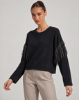 Maglia donna nero girocollo con frange e strass sulle maniche, Polly 6 - dettaglio parte superiore