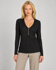 Maglia donna misto cashmere nero con scollo a V e quattro bottoni, Polly 7 - vista frontale