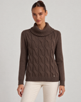 Maglia donna a trecce con collo alto marrone – Polly 6 – frontale