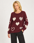 Maglia donna girocollo con cuori a contrasto Bordeaux, Polly 7 - vista a tre quarti, dettaglio parte superiore