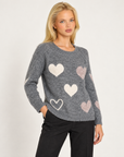 Maglia donna girocollo con cuori a contrasto Grigio, Polly 7 - vista a tre quarti, dettaglio parte superiore