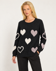 Maglia donna girocollo con cuori a contrasto Nero, Polly 7 - vista a tre quarti, dettaglio parte superiore