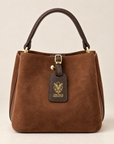 Mini borsa in vera pelle scamosciata marrone con manico a contrasto – frontale