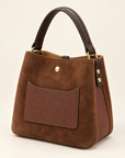 Mini borsa in vera pelle scamosciata marrone con manico a contrasto – retro
