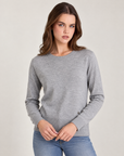 Maglia donna girocollo in misto viscosa con bordi a costine Grigio indossata da Polly 2, foto 3