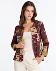 Giacca donna fantasia cavalli Bordeaux con Polly 2, vista a tre quarti