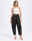 Pantalone donna drappeggiato nero con cintura – Polly 5 – frontale