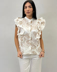 Blusa in cotone con maniche a volant con ricami