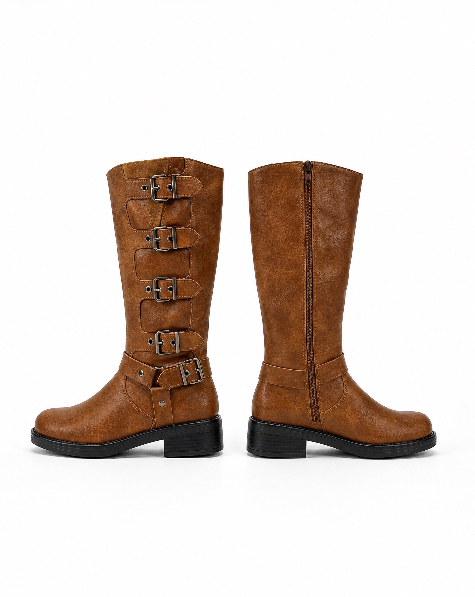 Stivaletti donna Suri marroni vista laterale con fibbie e zip