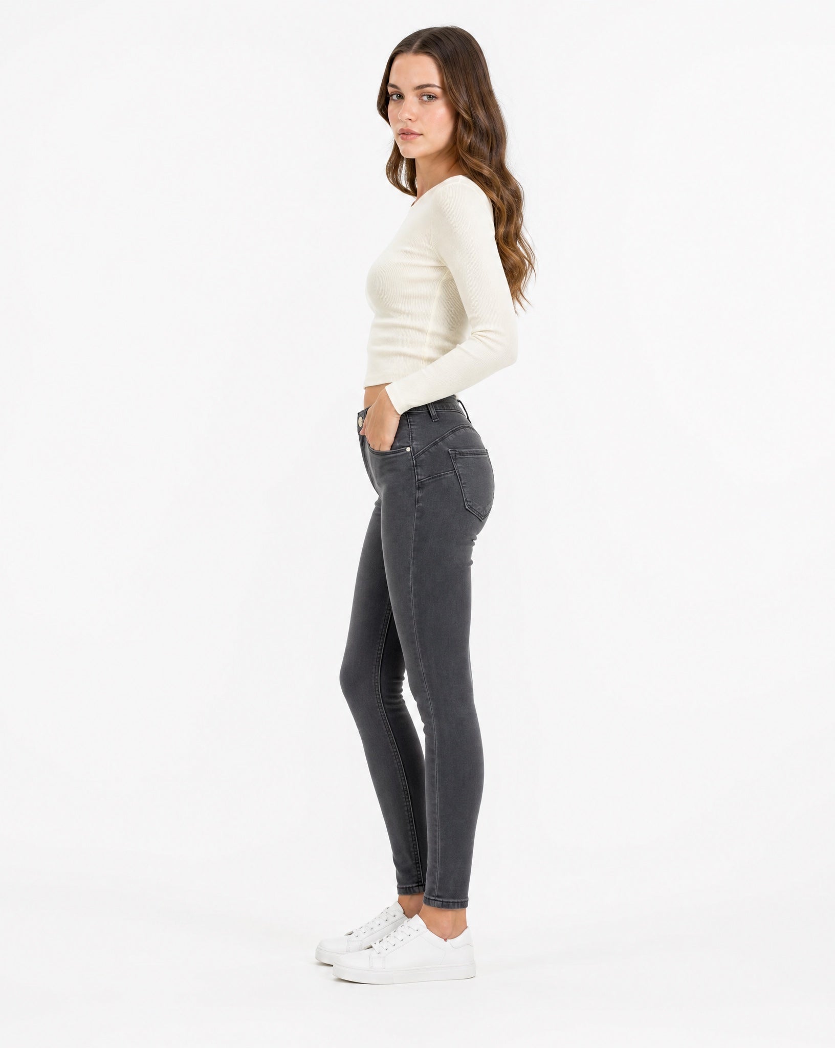 Pantaloni push-up donna 5460 grigi vista laterale