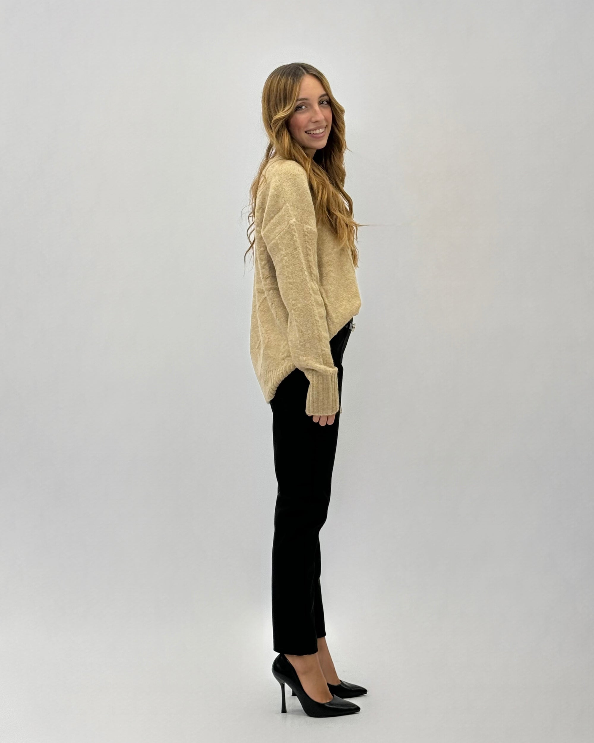 Pantaloni vita alta in pile con cintura