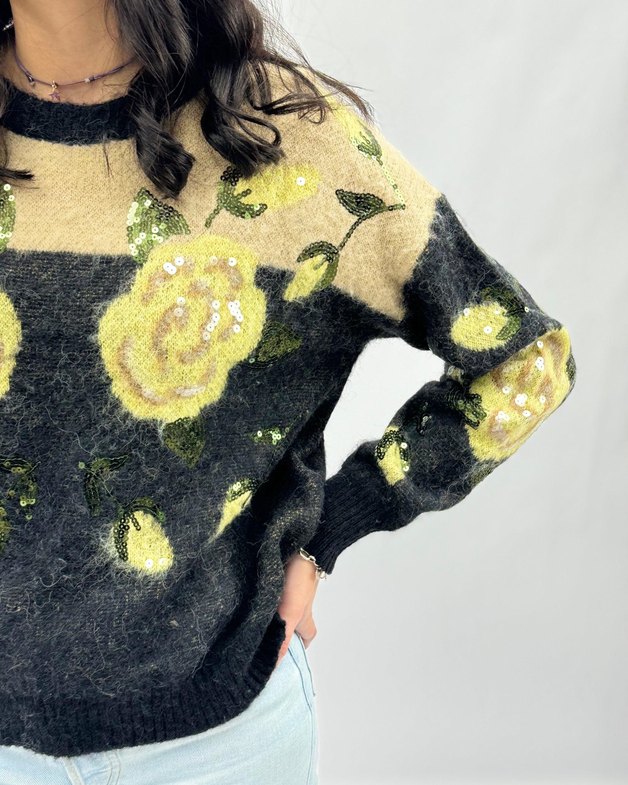Maglione misto lana con stampa rose
