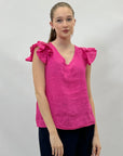 T-shirt in lino con manica a sbuffo