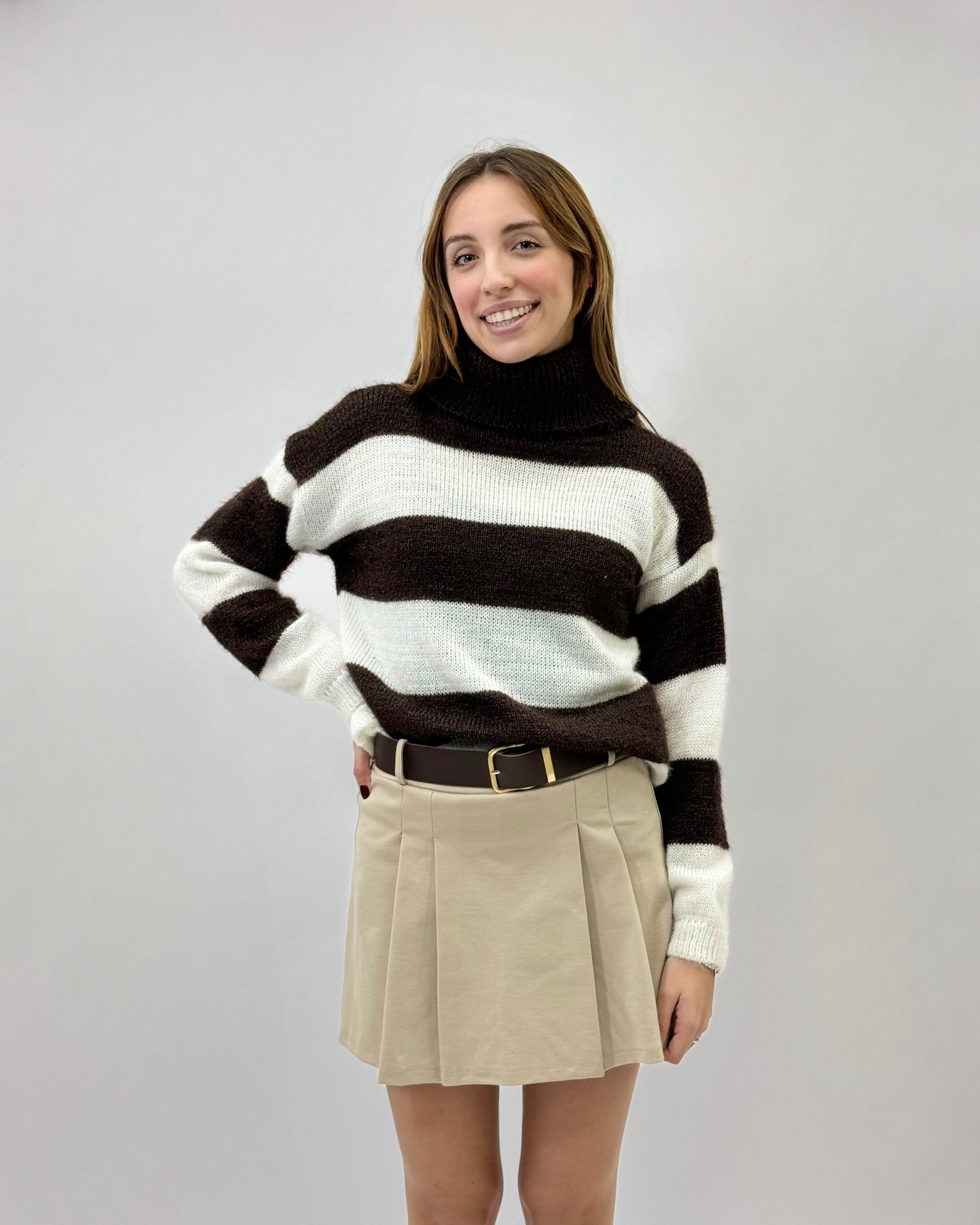 Maglione dolcevita righe effetto peluche