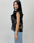 Blusa in cotone con maniche a volant con ricami