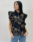 Blusa in cotone con maniche a volant con ricami
