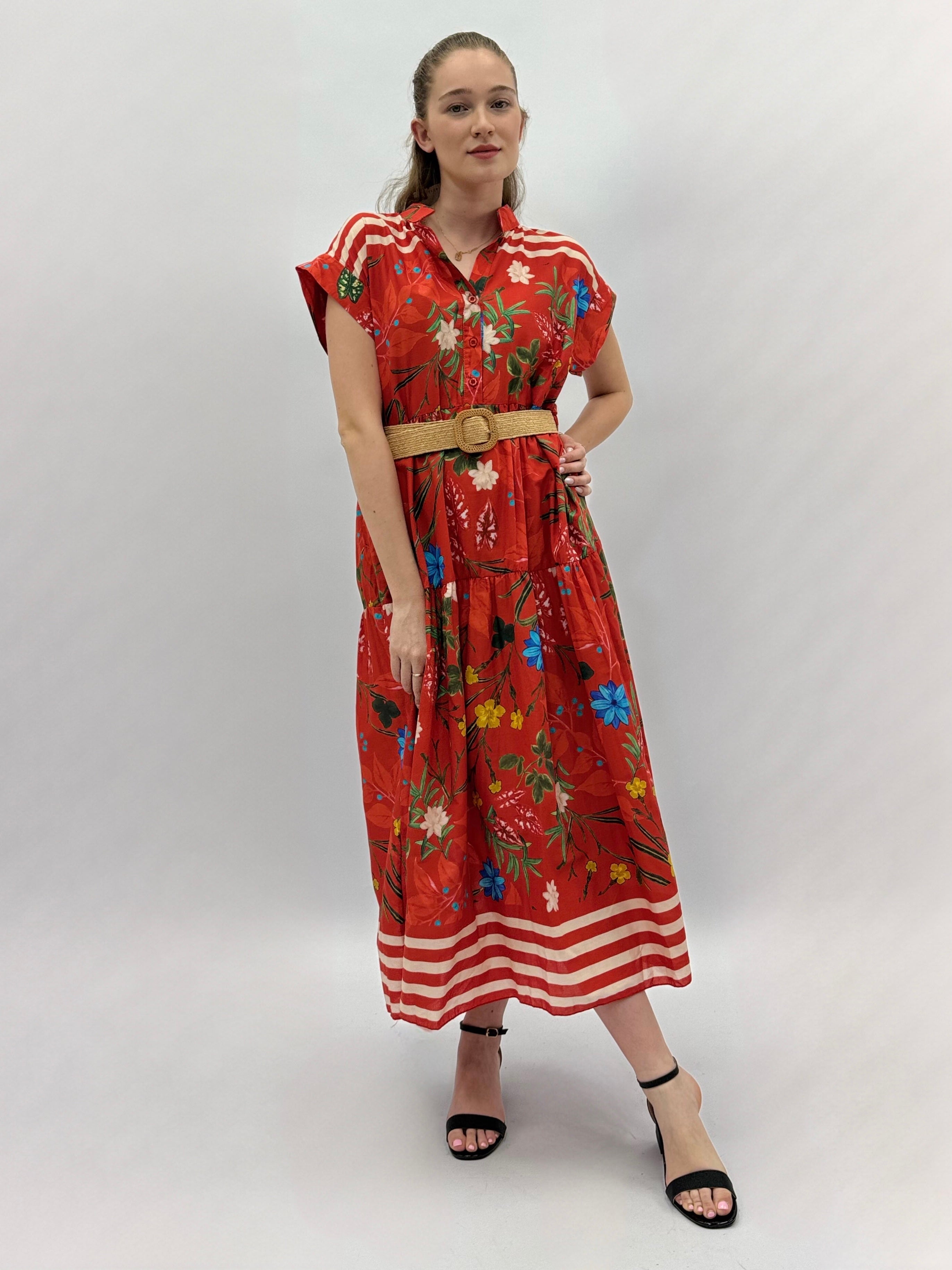 Abito floreale con scollo alla coreana e cintura - MaxModa Brescia