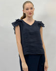 T-shirt in lino con manica a sbuffo