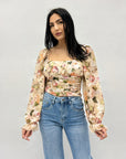 Maglia crop maniche lunghe con stampa floreale