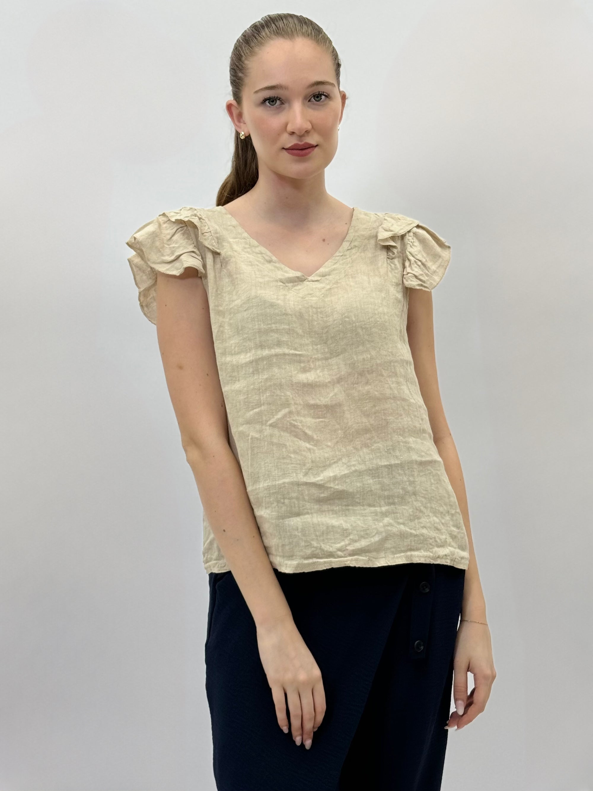 T-shirt in lino con manica a sbuffo
