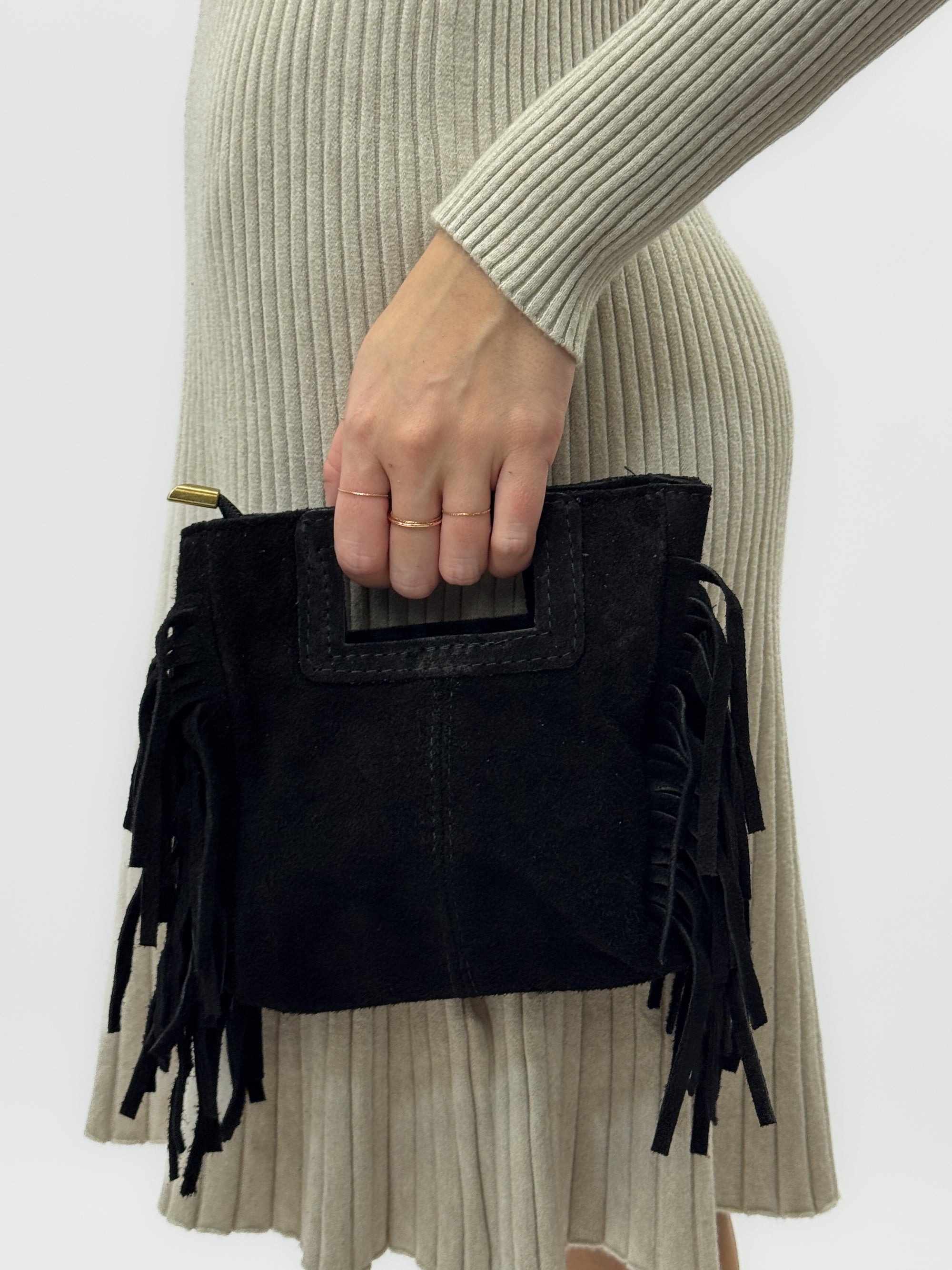 Borsa mini in vera pelle scamosciata con frange – Made in Italy