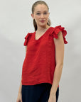 T-shirt in lino con manica a sbuffo