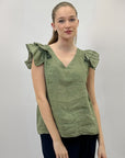 T-shirt in lino con manica a sbuffo