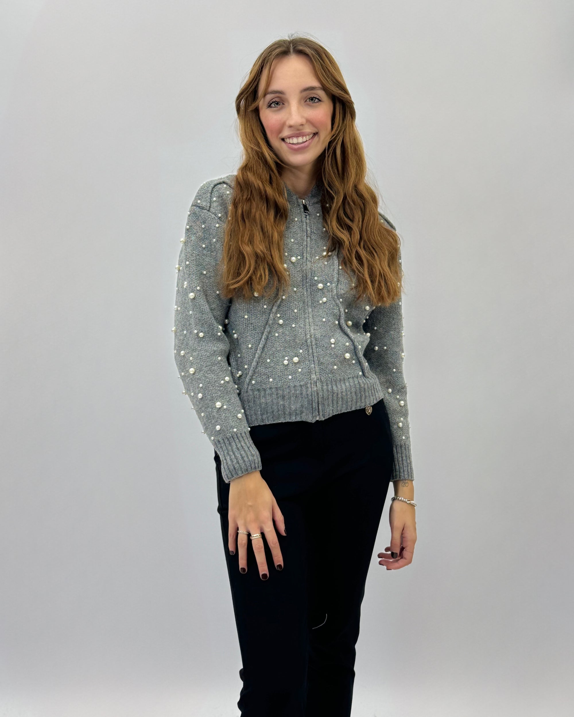 Maglione perle con zip crop