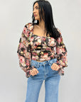 Maglia crop maniche lunghe con stampa floreale
