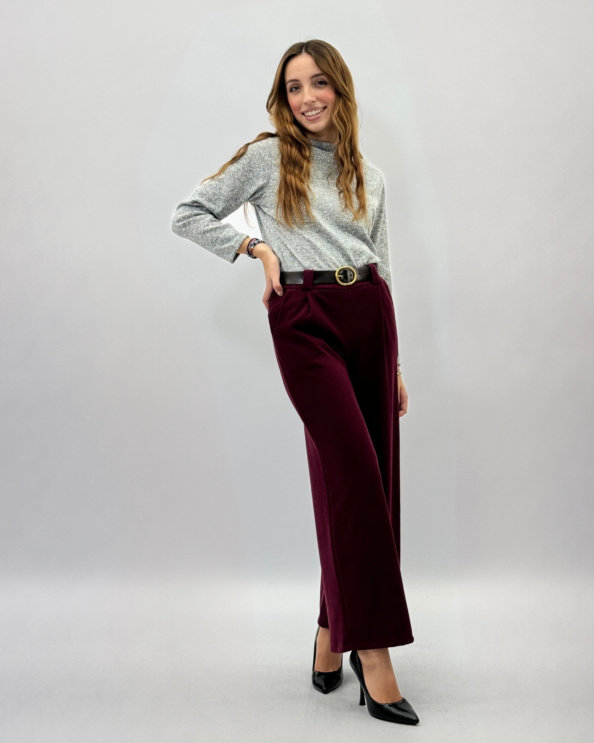 Pantaloni in velluto a palazzo con cintura