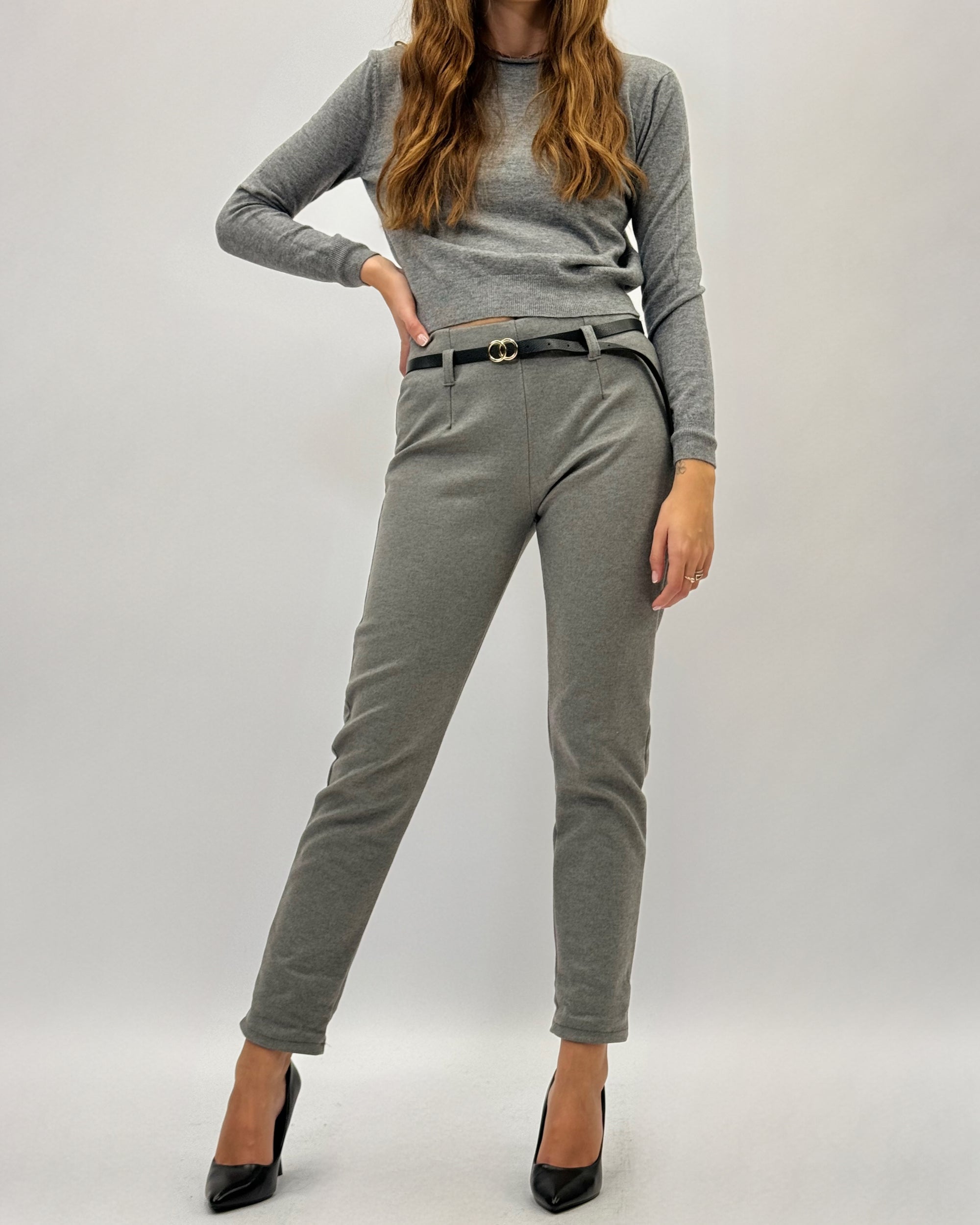 Pantaloni vita alta in pile con cintura