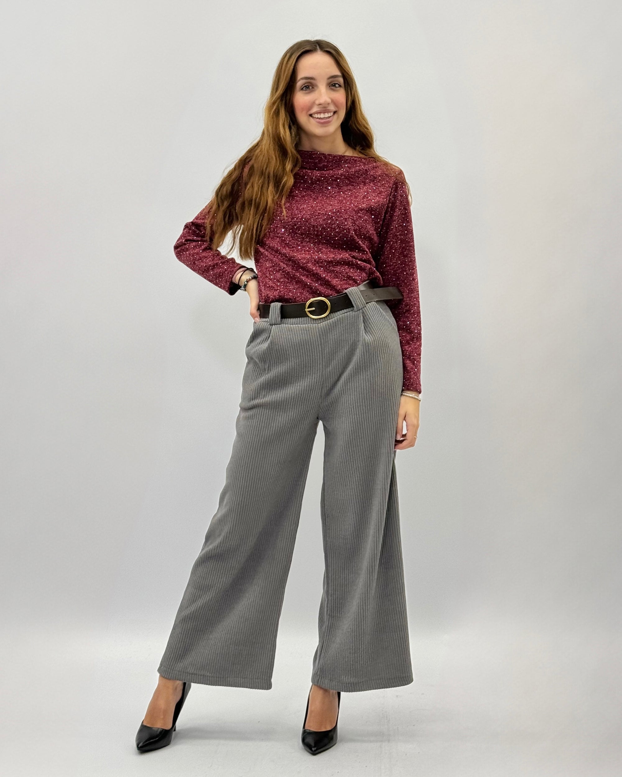 Pantaloni in velluto a palazzo con cintura